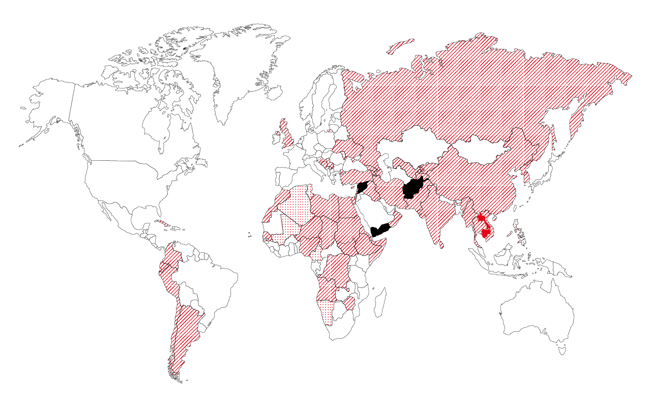 Carte des pays frappés par les armes explosives en 2019