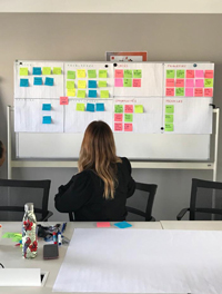 Une femme regarde un tableau blanc sur lequel sont accrochés des post-it colorés