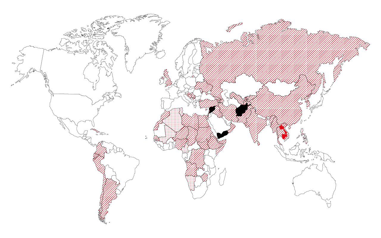 Carte des pays frappés par les armes explosives en 2019