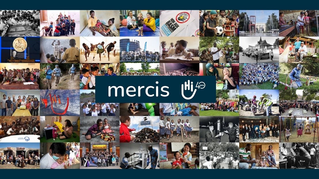Mosaïque de photos liées à l'histoire de Handicap International depuis 1982