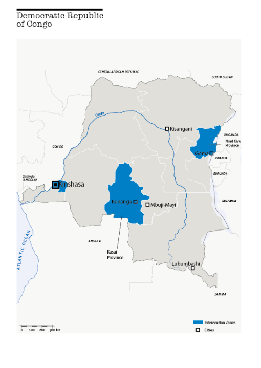 Karte des HI-Einsatzes in der Demokratischen Republik Kongo