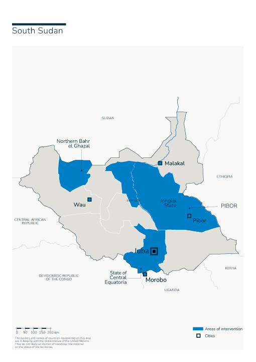 Carte Sud Soudan: présence de HI dans le pays
