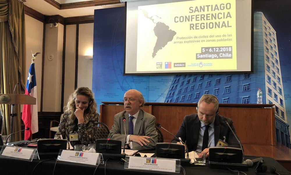 Conférence de Santiago au Chili, les 5-6 décembre 2018, organisée par Handicap International pour sensibiliser les États d'Amérique latine à l'utilisation d'armes explosives en zones peuplées et à l'impact sur les civils