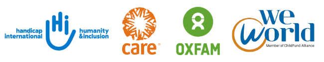 Logos des ONG Handicap International / Humanity & Inclusion, Care, Oxfam et We World