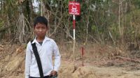 Juste à côté du chemin de l'école de ce garçon cambodgien se trouve un champ de mines